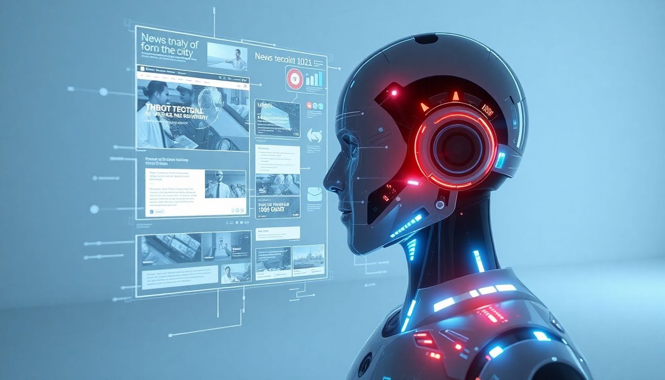 Uma representação do Noscroll, um bot de IA que realiza o doomscrolling para você, conectando-se a diversas fontes de notícias e mídias sociais para oferecer resumos personalizados.