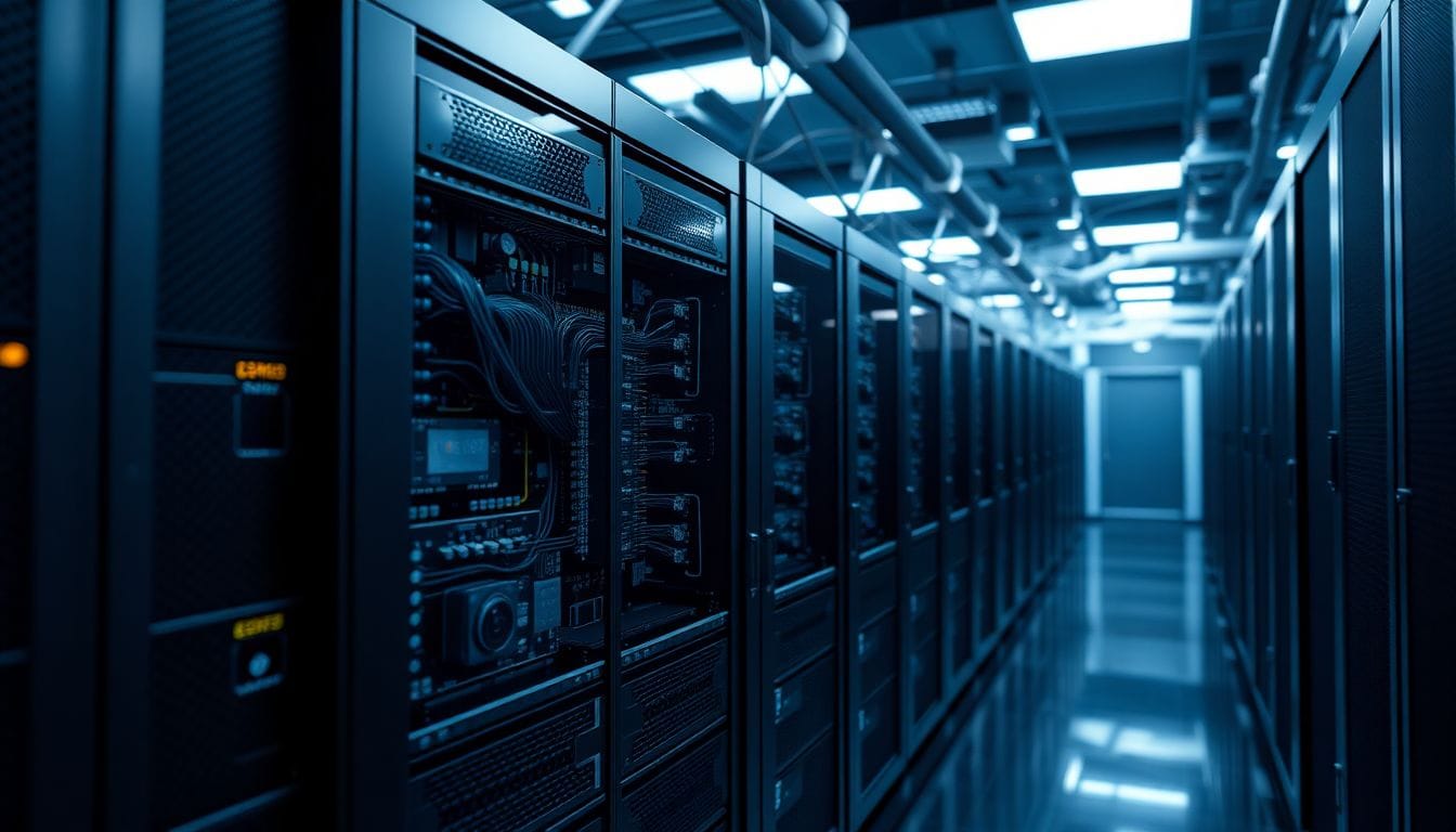Imagem de um servidor de alta tecnologia, simbolizando a evolução da segurança cibernética e do malware Fast16, que pode ter visado o programa nuclear do Irã. A imagem destaca circuitos complexos e iluminação cinematográfica que transmitem inovação e sofisticação tecnológica.