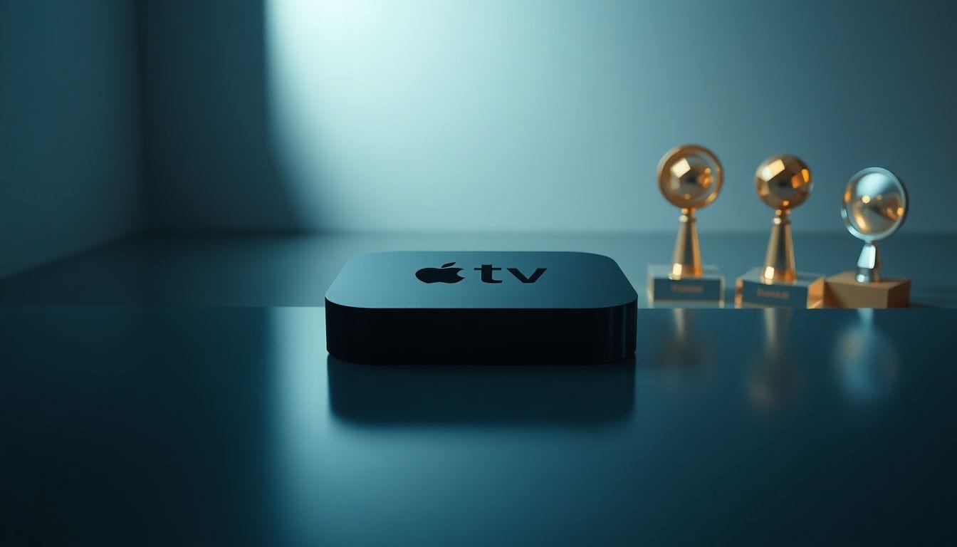 Imagem de um dispositivo Apple TV em um fundo minimalista, simbolizando suas vitórias no Peabody Awards de 2026, destacando a premiada qualidade de programação e inovação tecnológica da Apple em streaming.