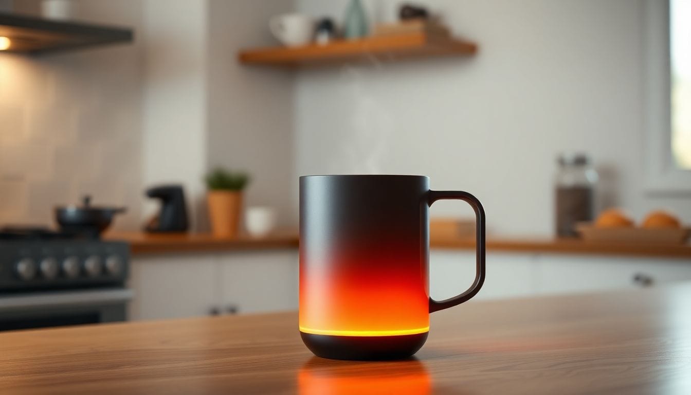 A imagem mostra a moderna Ember Smart Mug, ideal para manter o café quente, que está em promoção. O design elegante e as características tecnológicas da caneca são destacados, capturando seu apelo como um presente perfeito para o Dia das Mães.