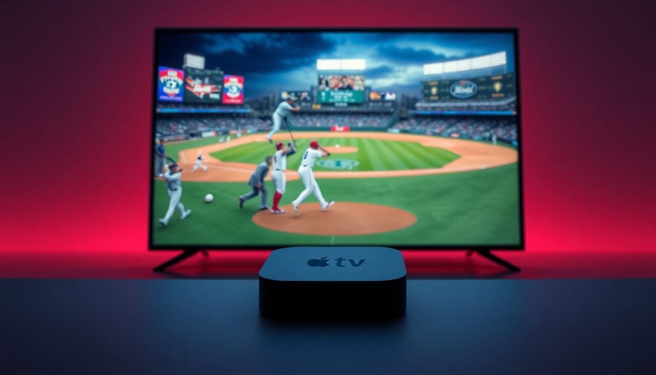 Imagem representando um dispositivo Apple TV exibindo jogos da Major League Baseball, ideal para os fãs que desejam assistir às emocionantes partidas de beisebol às sextas-feiras.