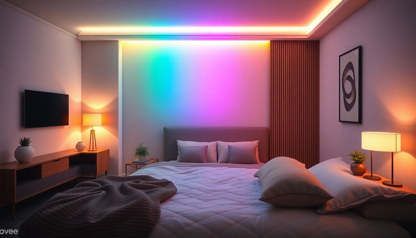 Imagem do Govee smart lamp iluminando um quarto moderno, ilustrando como essa lâmpada inteligente pode transformar o ambiente e melhorar a qualidade de vida.