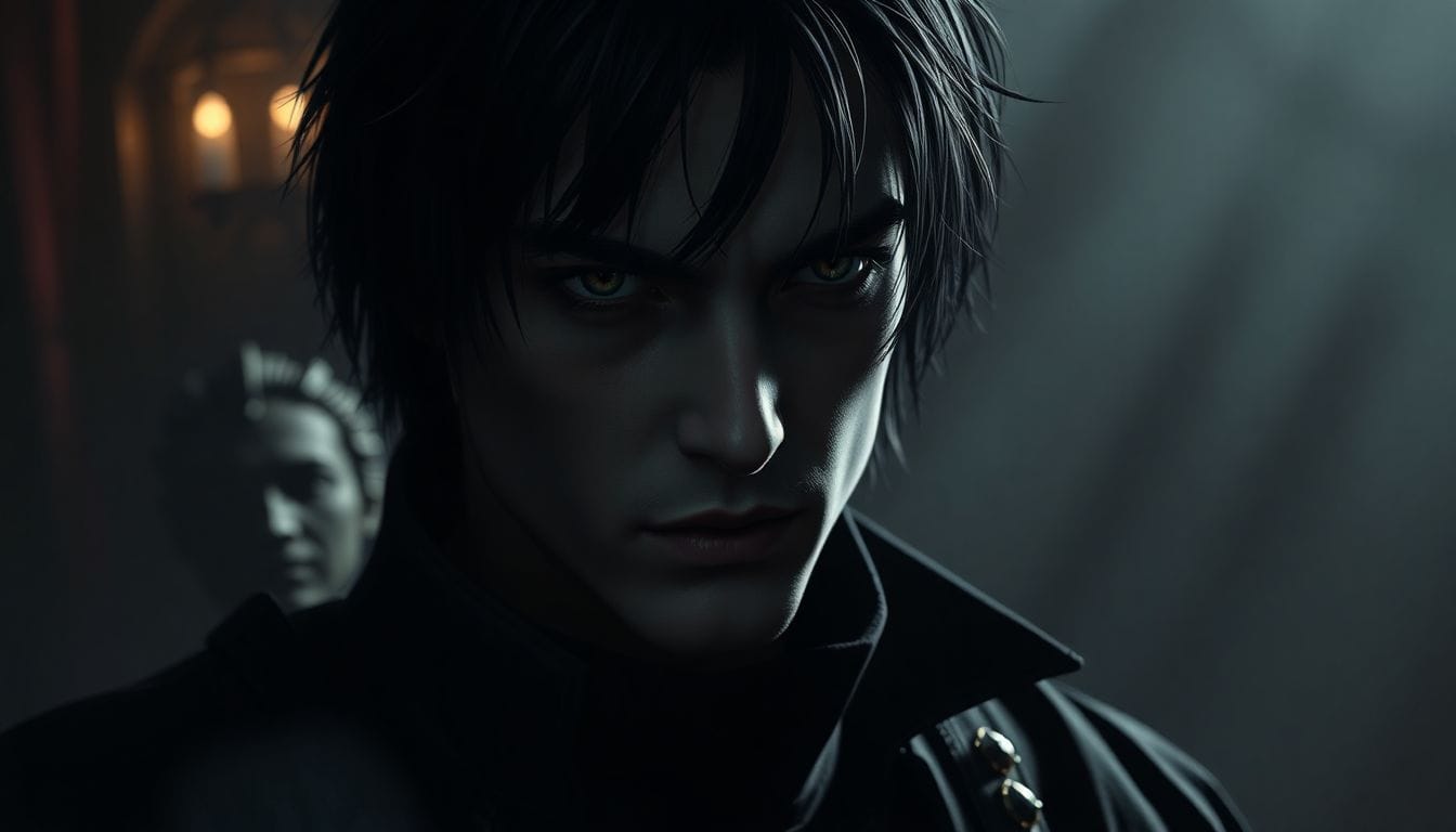 Ilustração fotorealista de Astarion, o personagem vampírico favorito dos fãs de 'Baldur's Gate 3', destacando sua aparência intrigante em um ambiente de fantasia. A imagem captura a essência do novo livro prequel focado em Astarion, que leva os leitores de volta ao mundo do jogo.