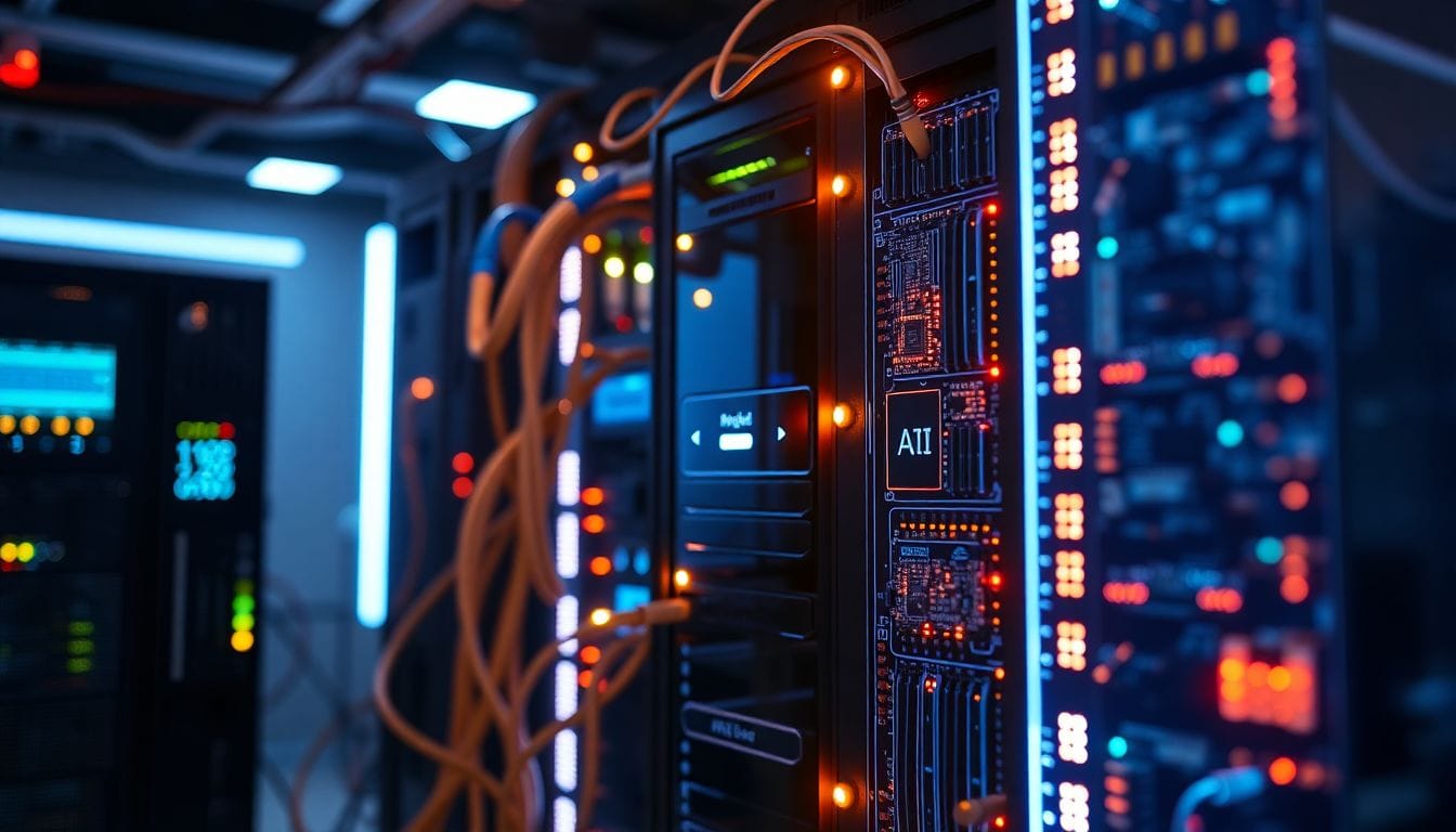 Imagem de um servidor de IA de alta tecnologia, simbolizando a recente declaração pública do CEO da OpenAI, Sam Altman, sobre a comunidade de Tumbler Ridge após um trágico incidente envolvendo uma arma. A tecnologia é vital na prevenção de tais eventos futuros.