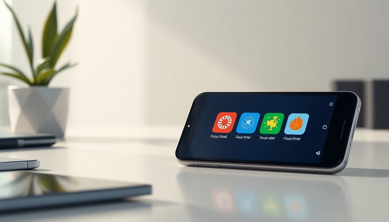 Imagem de um smartphone moderno exibindo aplicativos de foco, como Focus Friend, Forest e Focus Traveller, em um ambiente de trabalho minimalista. Essa visualização representa a tecnologia de aplicativos de produtividade em 2026.