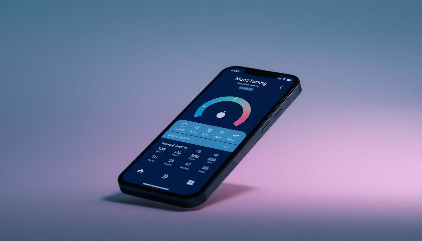Imagem mostrando o aplicativo 'InnerPulse', um rastreador de humor privado e profundo, em um smartphone com uma interface moderna que exibe a escala de humor e fatores relacionados ao bem-estar, ideal para quem busca monitorar suas emoções.