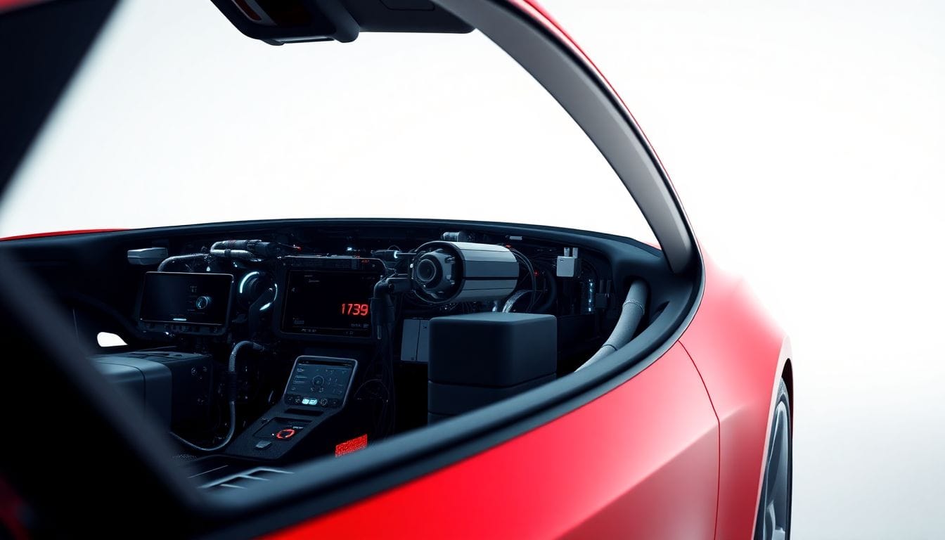 Close-up de um hardware sofisticado de veículo elétrico da Tesla, essencial para a implementação de recursos avançados de direção autônoma, ilustrando a recente admissão de Elon Musk sobre a necessidade de upgrades para os proprietários de Tesla.