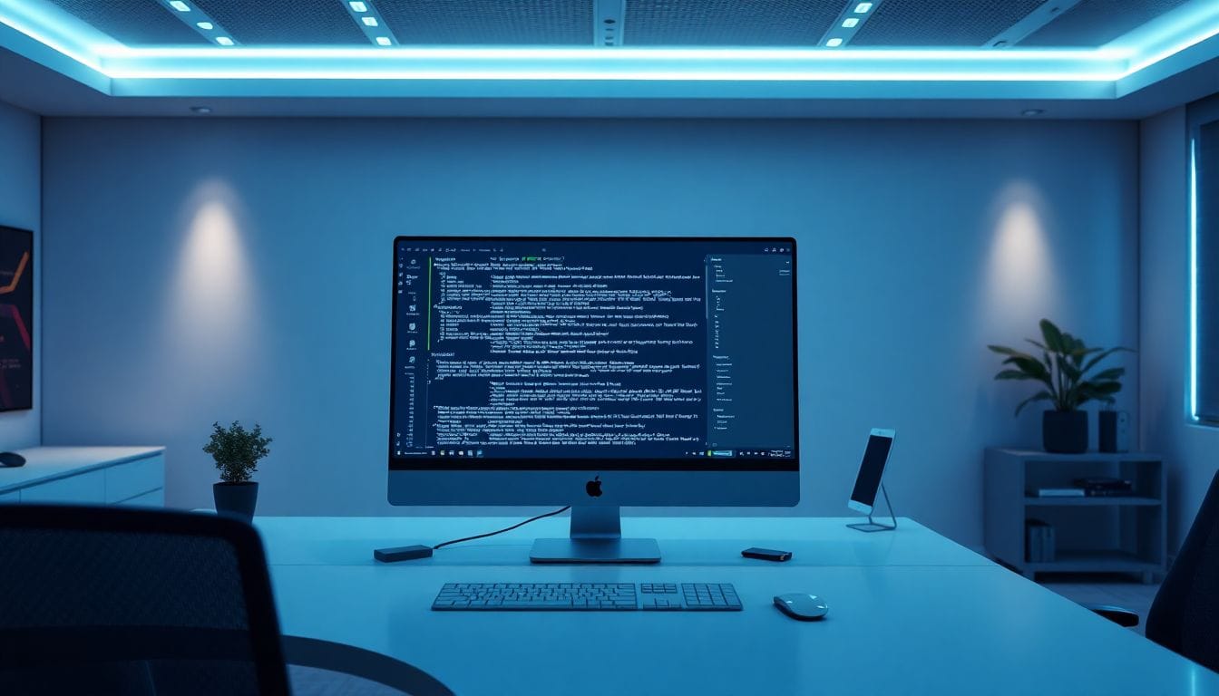 Uma cena de escritório moderno e futurista exemplifica o potencial de John Ternus em revitalizar a Apple, destacando a integração de tecnologia de ponta no ambiente de trabalho, refletindo o impacto da estratégia da Microsoft.