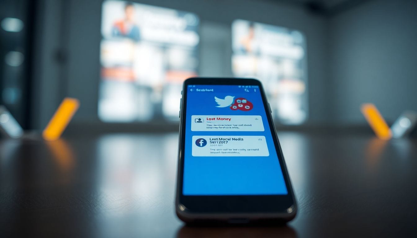 Um smartphone exibindo aplicativos de mídias sociais e gráficos de alertas de fraudes, destacando a perda de $2,1 bilhões em golpes nas redes sociais em 2025, conforme relatado pela FTC. Esta imagem ilustra a importância de se proteger contra fraudes em plataformas sociais.