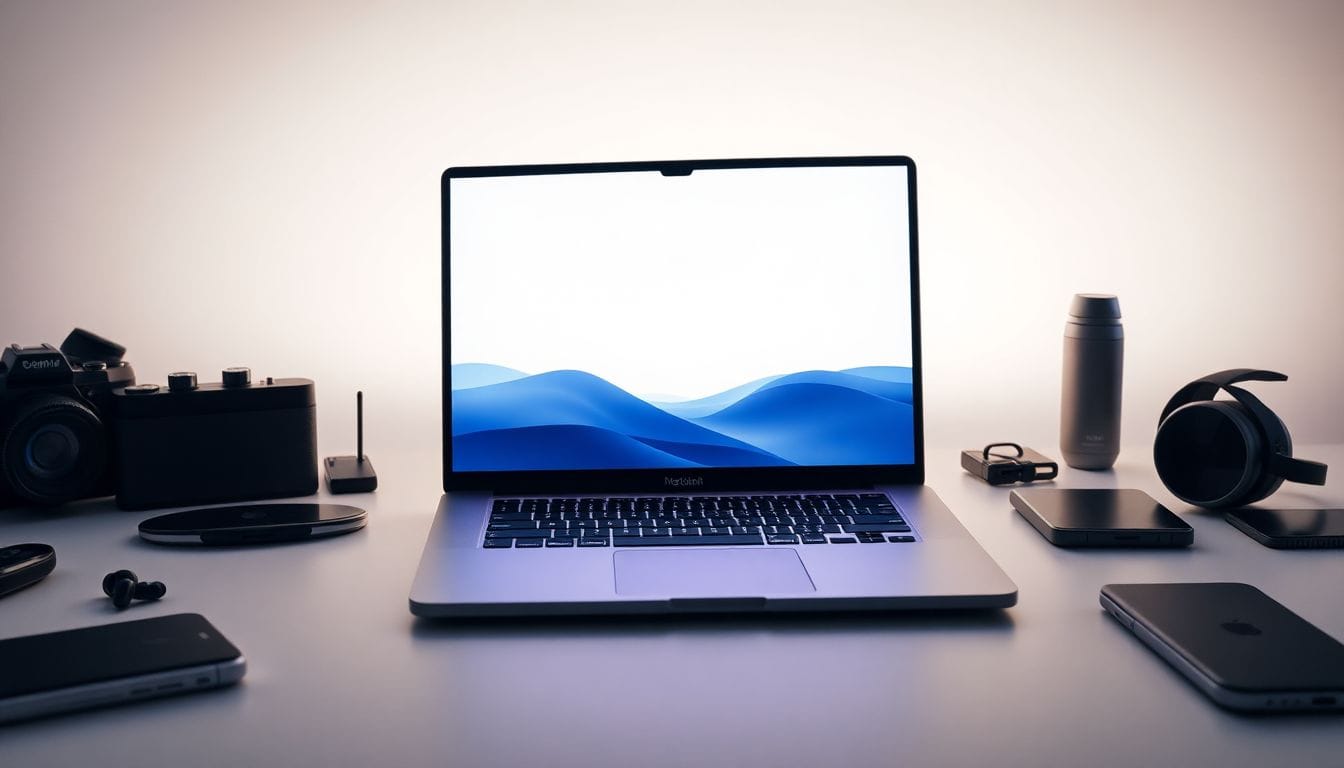 Imagem em alta definição do novo M5 MacBook Air, que apresenta um design elegante e moderno. Este laptop, que nunca esteve tão barato, combina alto desempenho com uma estética minimalista, tornando-se uma excelente escolha para quem busca qualidade em tecnologia.