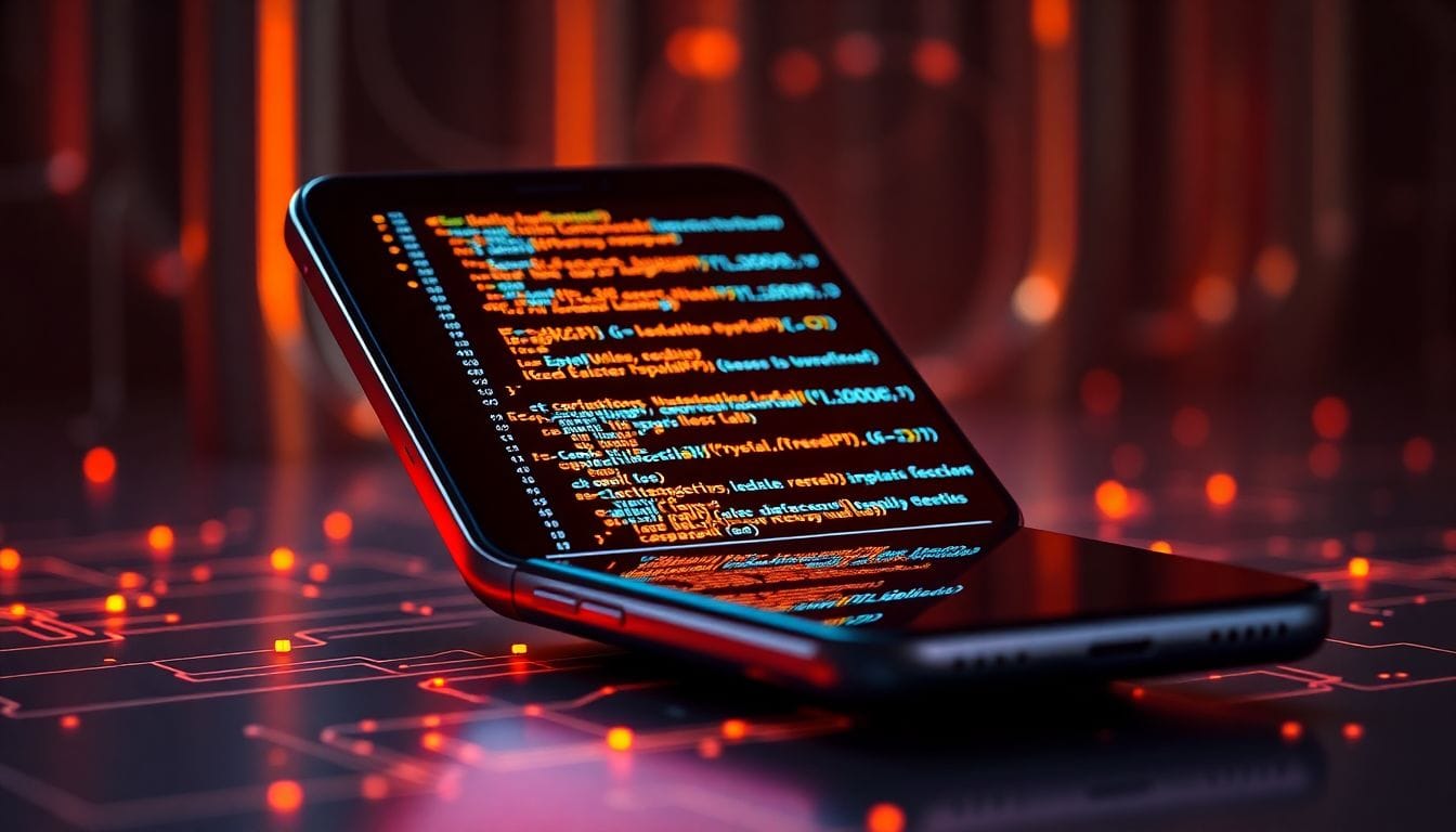 Imagem que retrata a segurança em aplicativos móveis, com foco na abordagem do 'vibe coding', destacando a interface tecnológica e os códigos que garantem a proteção dos dados.