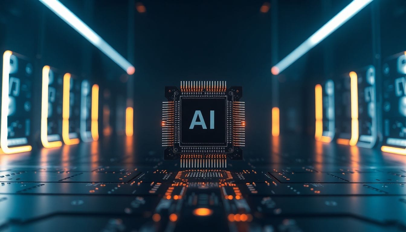Um chip de IA em um ambiente de alta tecnologia, simbolizando o acordo do Google com o Pentágono para o uso de suas tecnologias em trabalhos classificado, gerando preocupações entre funcionários sobre a ética na aplicação da inteligência artificial.