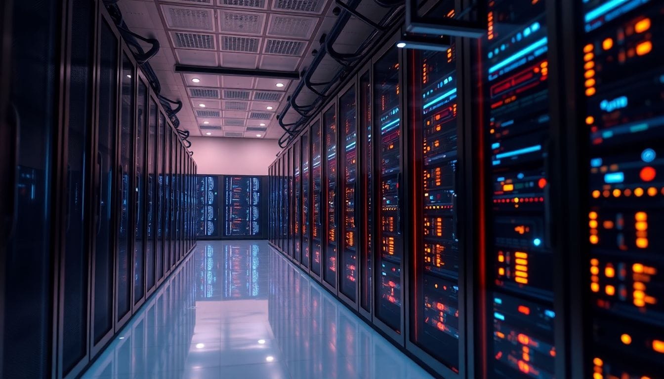 Imagem de um ambiente de servidor de alta tecnologia, representando a oferta de novos produtos da OpenAI pela Amazon na AWS. A tecnologia avançada reflete a colaboração crescente entre as duas empresas, destacando inovações em inteligência artificial.
