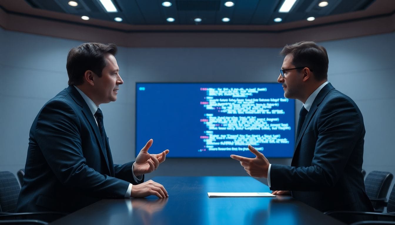 Elon Musk e Sam Altman em um tribunal discutem sobre OpenAI e a prevenção de um resultado apocalíptico, refletindo a preocupação com a inteligência artificial no futuro da tecnologia.