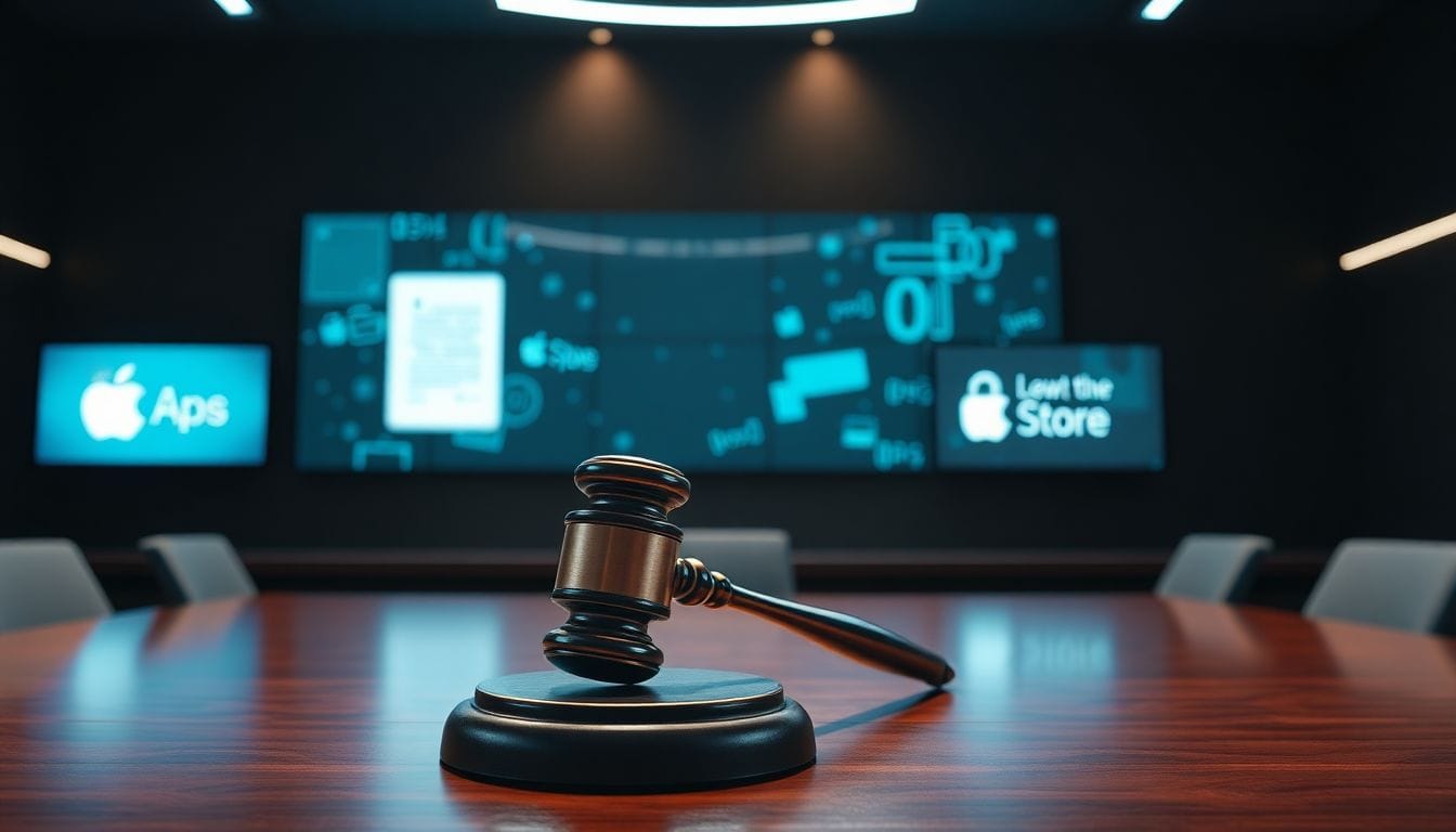 Ilustração de um ambiente de tribunal moderno, simbolizando a batalha legal entre Epic Games e Apple sobre as regras da App Store, importante para a determinação da legislação tecnológica.