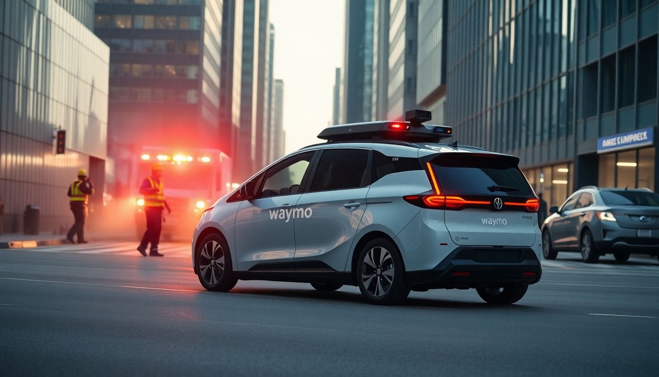 Um veículo autônomo da Waymo parado em uma rua movimentada, ilustrando os desafios que os primeiros socorros enfrentam com a tecnologia em emergências. A performance dos veículos autônomos está se tornando uma preocupação crescente para os atendentes de emergência.