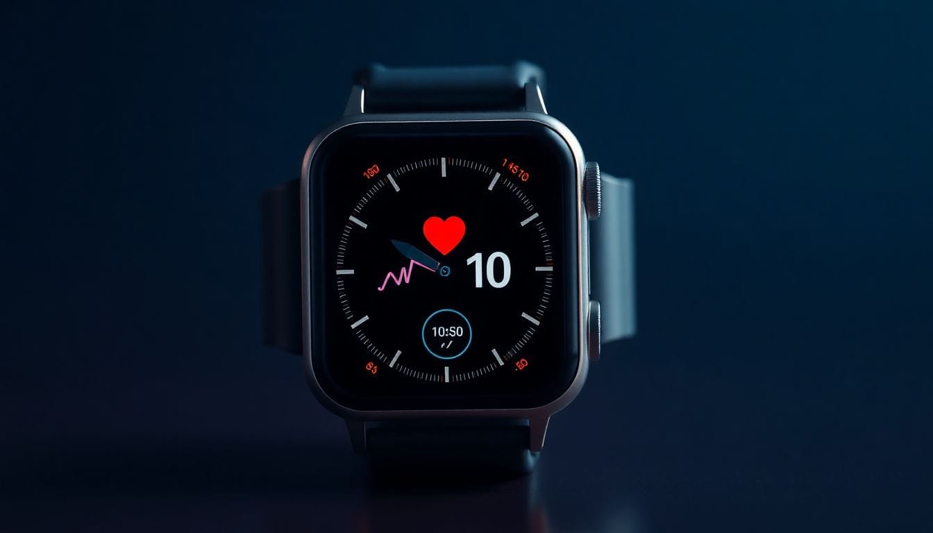 Imagem de um Apple Watch exibindo dados de saúde, destacando a campanha 'Thankfully, I was wearing it', que ilustra histórias de resgate e a importância do dispositivo na detecção de emergências.