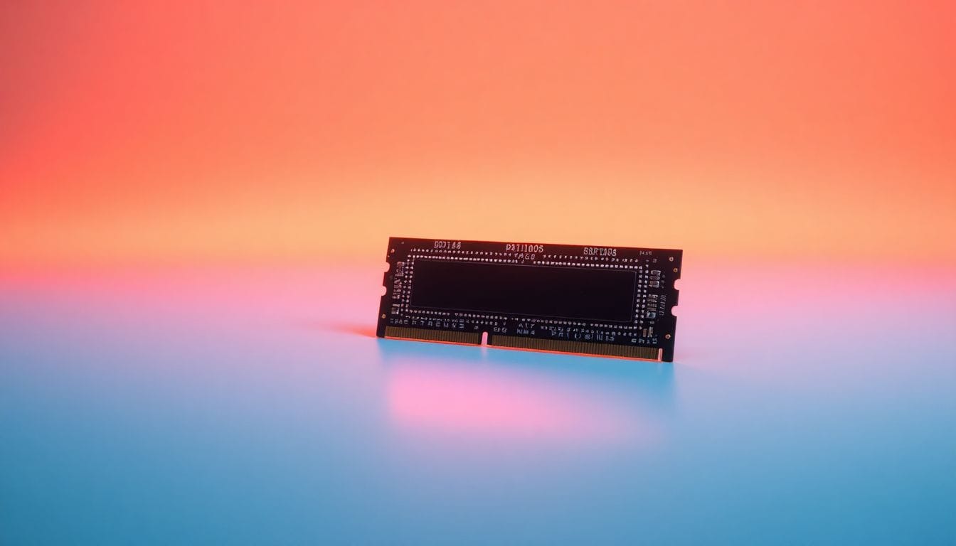 Uma imagem detalhada de um chip de RAM, exemplificando a atual crise de escassez de memória que a Samsung prevê que pode se agravar em 2027, impulsionada pela demanda dos centros de dados de IA.