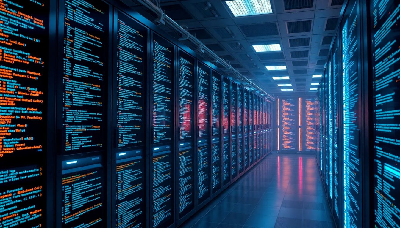Uma imagem de um centro de dados futurista, iluminado de forma cinematográfica, representando a evolução da inteligência artificial e a peculiar obsessão do ChatGPT por 'goblins', refletindo a complexidade do desenvolvimento de sistemas de IA.