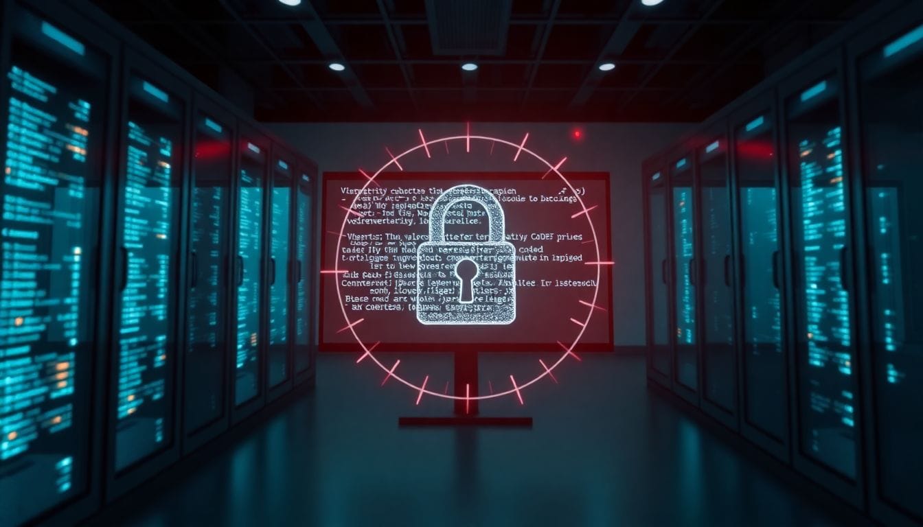 Imagem de um servidor de computador com código de segurança na tela, destacando a vulnerabilidade em cPanel que está sendo explorada por hackers, colocando em risco milhões de websites.