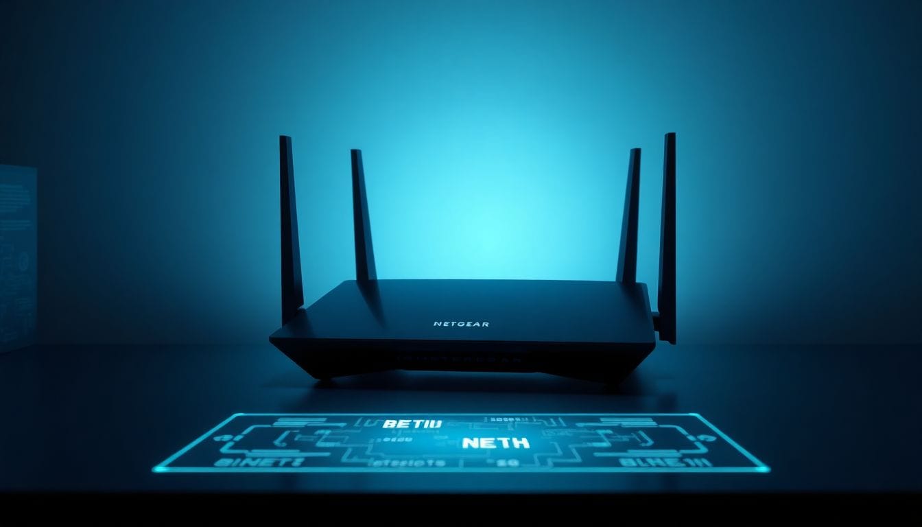 Um roteador Netgear em destaque com design moderno e tecnologia avançada. Esta imagem ilustra a recente aprovação da FCC que salvou a Netgear de uma proibição na importação de seus roteadores, destacando sua relevância no mercado. A luminosidade cinematográfica realça suas características inovadoras.
