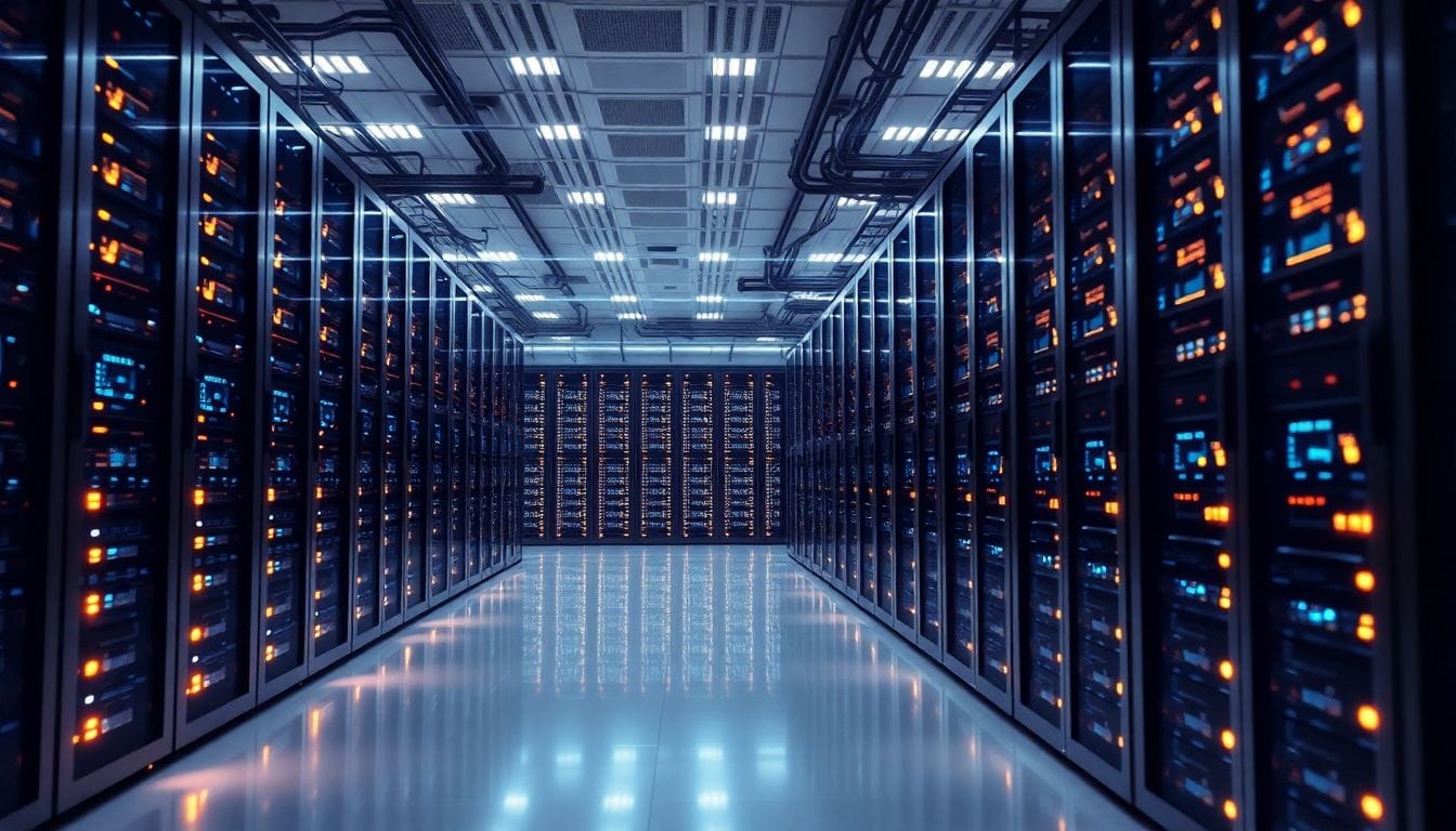 Imagem de um moderno data center da Fluidstack, destacando a estrutura robusta que suporta a infraestrutura de inteligência artificial, refletindo a recente valorização de $18 bilhões da startup.