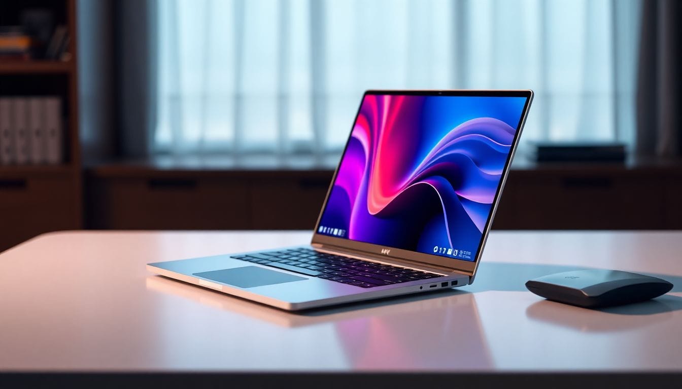 Imagem do HP OmniBook 5, um concorrente surpreendente do MacBook Neo, destacando seu design elegante e tela OLED vibrante. Este laptop de alta tecnologia é uma excelente escolha para quem busca um computador acessível e potente.