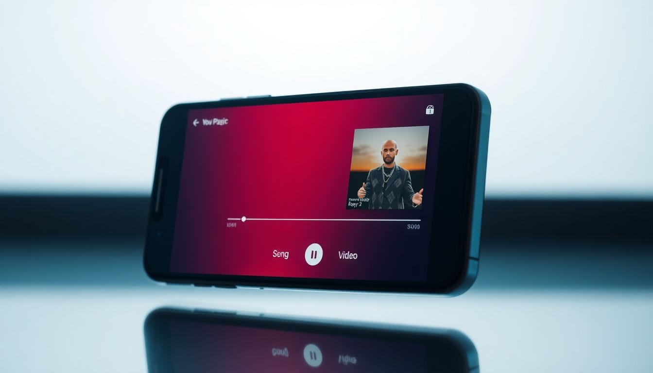 A imagem mostra a nova interface de reprodução em divisão do YouTube Music, destacando os ícones de 'Música' e 'Vídeo' em um smartphone. Esta redesign oferece uma experiência visual melhorada com maior foco na arte da capa, refletindo as últimas atualizações no aplicativo YouTube Music.