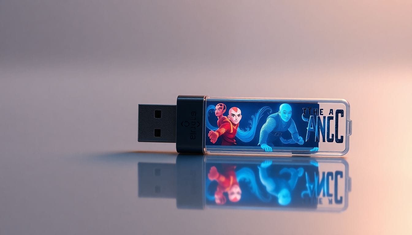 Imagem de um USB perdido emanando hologramas vibrantes com personagens do filme 'The Last Airbender', simbolizando o impacto do vazamento que dividiu os fãs e levantou questões sobre a abordagem da Paramount em relação ao marketing e à criatividade.