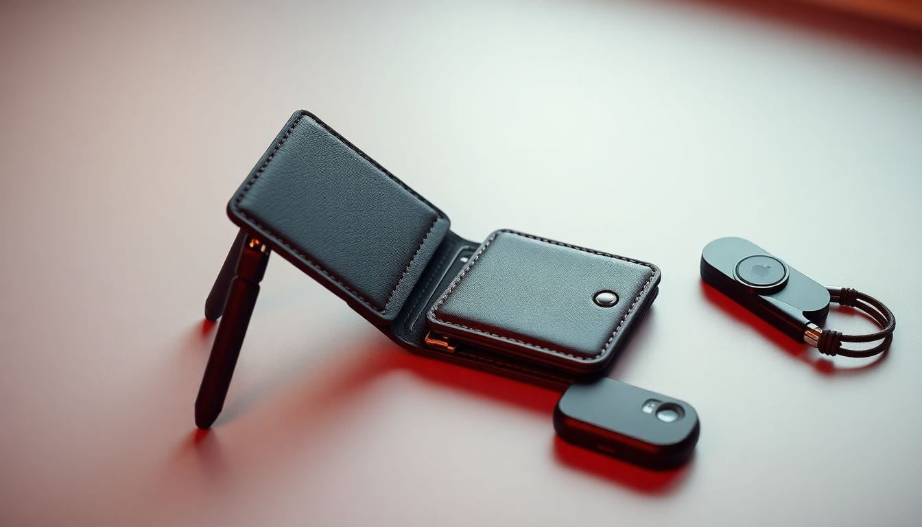 Imagem do Moft Trackable Tripod Wallet destacando seu design moderno e funcionalidade, incluindo o rastreador integrado e o botão de disparo remoto, que o tornam um acessório essencial para quem busca praticidade na fotografia.