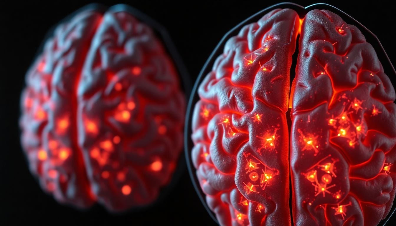 Imagem em alta definição de um exame de ressonância magnética mostrando placas de amiloide no cérebro, relacionadas à luta contra Alzheimer. A nova revisão sobre medicamentos para Alzheimer levanta a questão da eficácia desses tratamentos na melhoria clínica da condição.