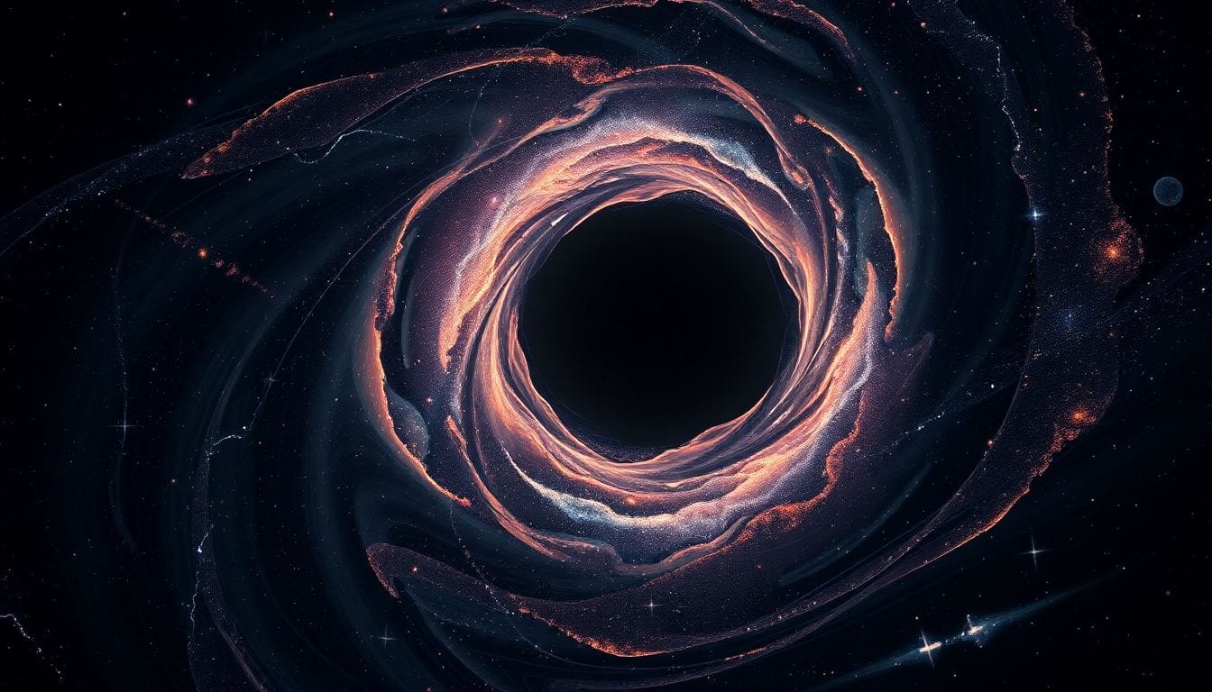 Representação artística de buracos negros em um cenário cósmico, ilustrando a hipótese de que a matéria escura pode ser composta por buracos negros de outro universo, sugerindo uma origem além do Big Bang.