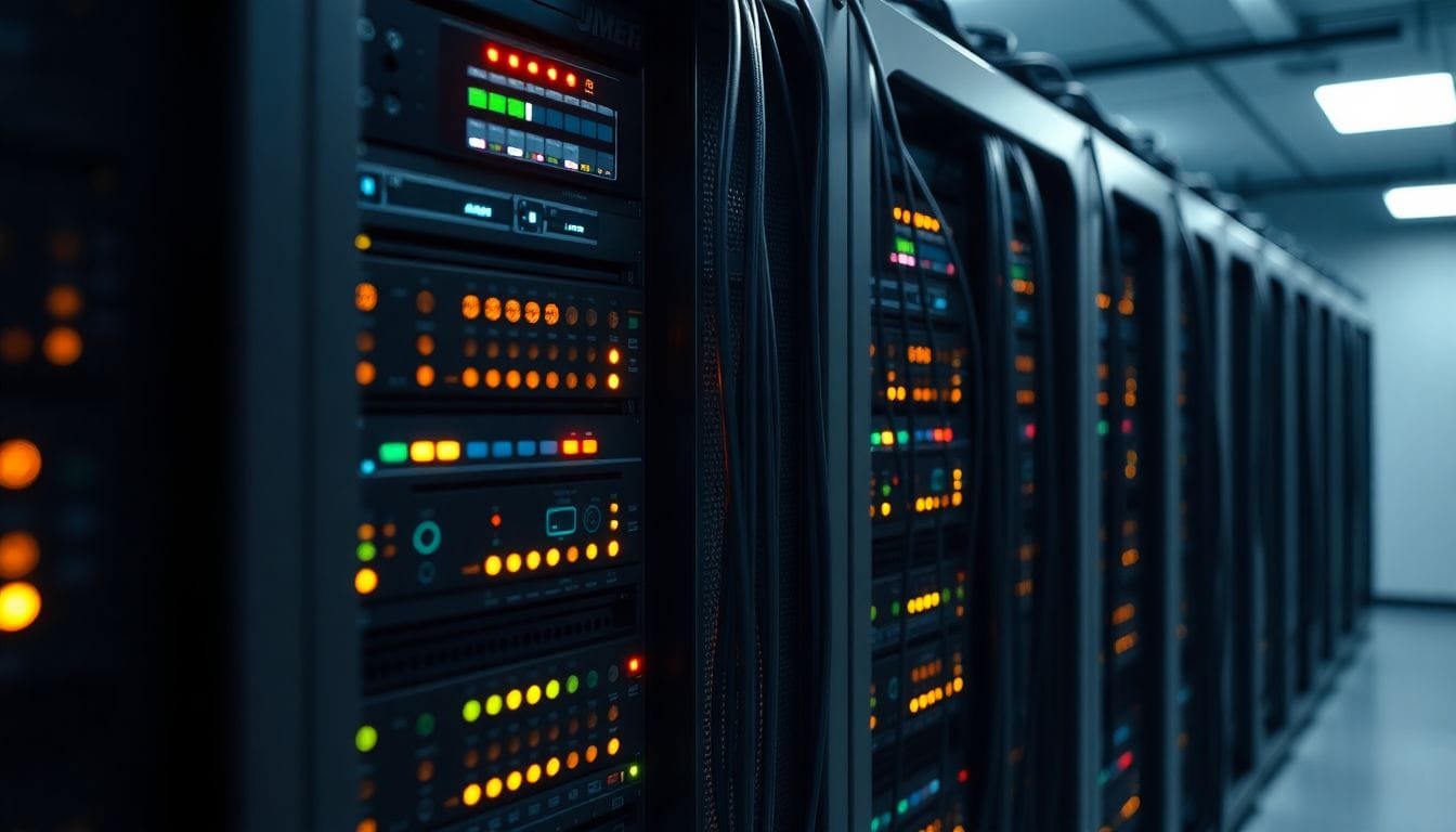 Um rack de servidores moderno, iluminado por LEDs, simboliza o processo de venda de dados antigos de conversas no Slack e emails de empresas falidas para treinar modelos de inteligência artificial.