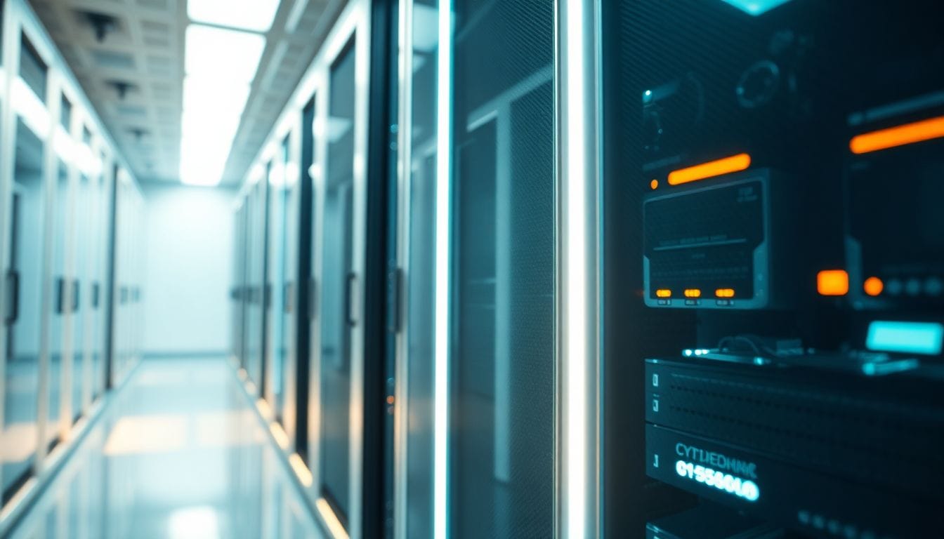 Imagem de um servidor futurístico, representando o crescimento no setor empresarial com a startup Cursor, que está em negociação para levantar mais de $2 bilhões em novos investimentos e alcançar uma avaliação de $50 bilhões.