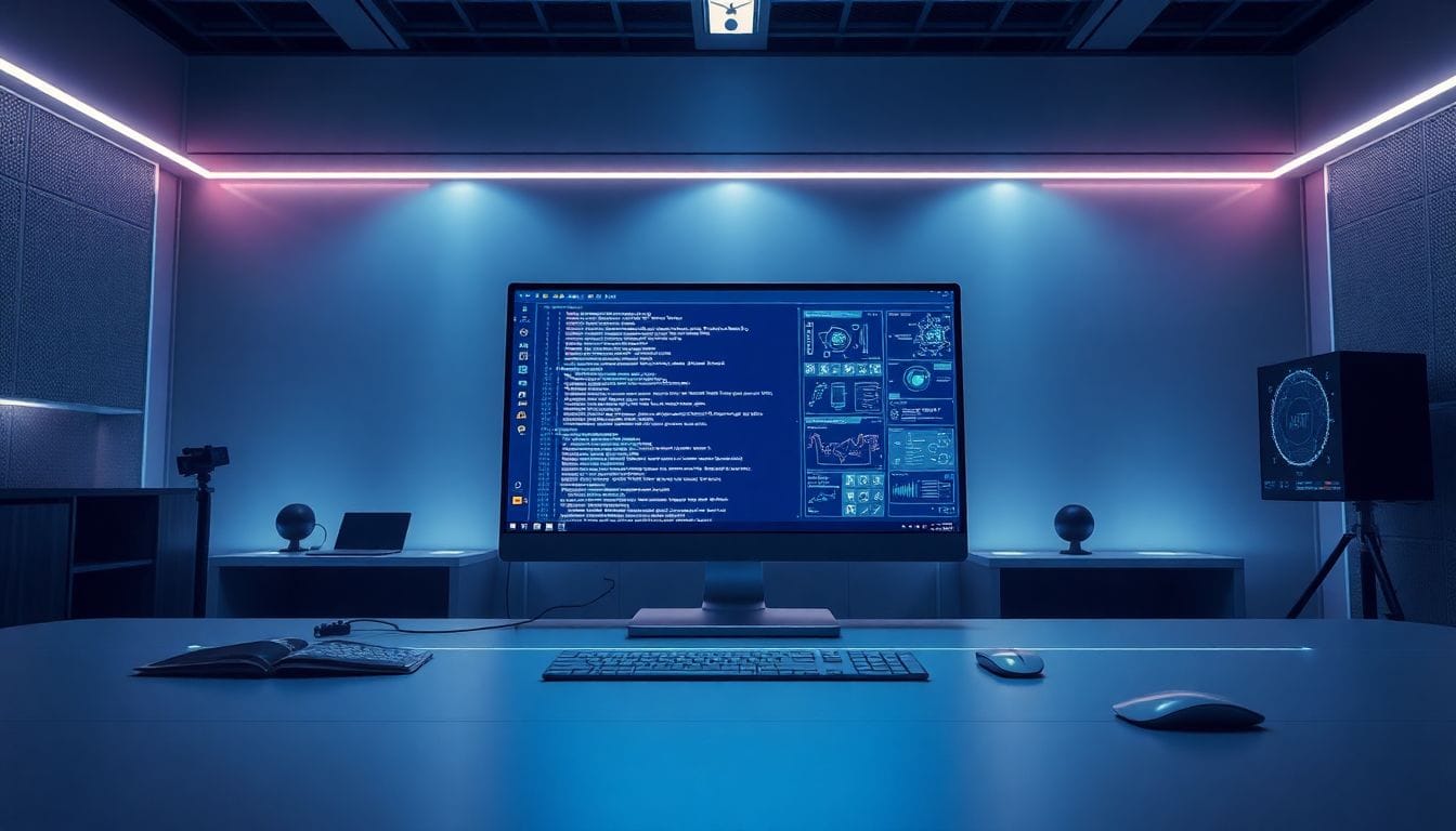 Uma cena tecnológica apresenta uma interface de computador futurista, destacando o ambiente de trabalho de inteligência artificial, refletindo a saída de Kevin Weil da OpenAI e a descentralização de sua equipe. A imagem representa a essência de inovações em IA que estão moldando o futuro da ciência.