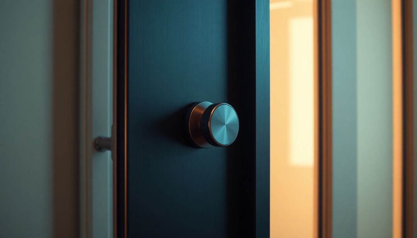 Uma imagem de um elegante smart lock instalado em uma porta da frente, aprimorando a aparência exterior e o estilo da casa, evidenciando os acessórios inteligentes para aumentar a atratividade da fachada.