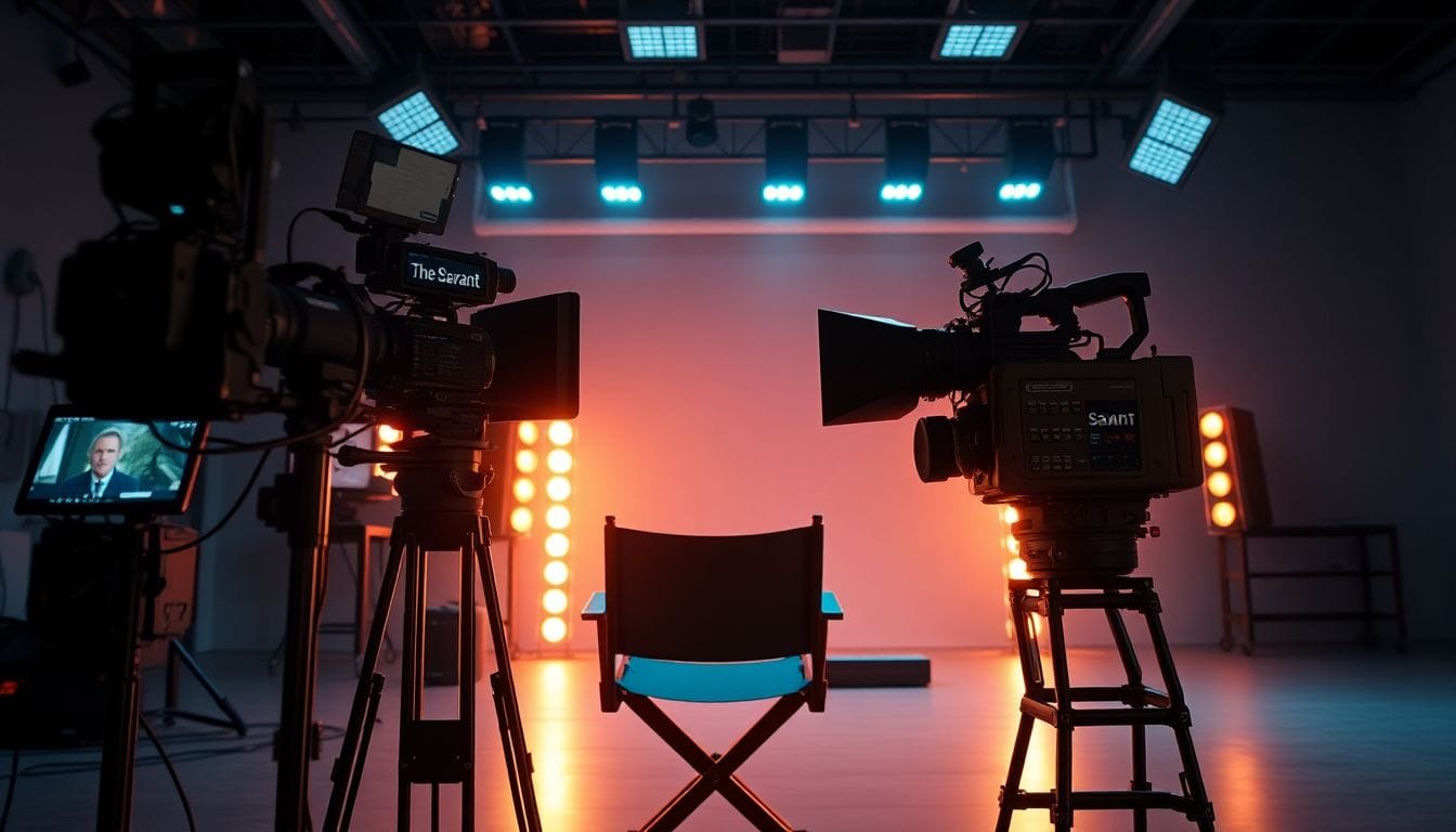 Imagem de um set de filmagem de alta tecnologia da série de thriller psicológico 'The Savant' da Apple TV, que finalmente será lançada neste verão. A cena é gravada com equipamentos cinematográficos avançados e telas brilhantes, criando uma atmosfera de expectativa para os fãs.