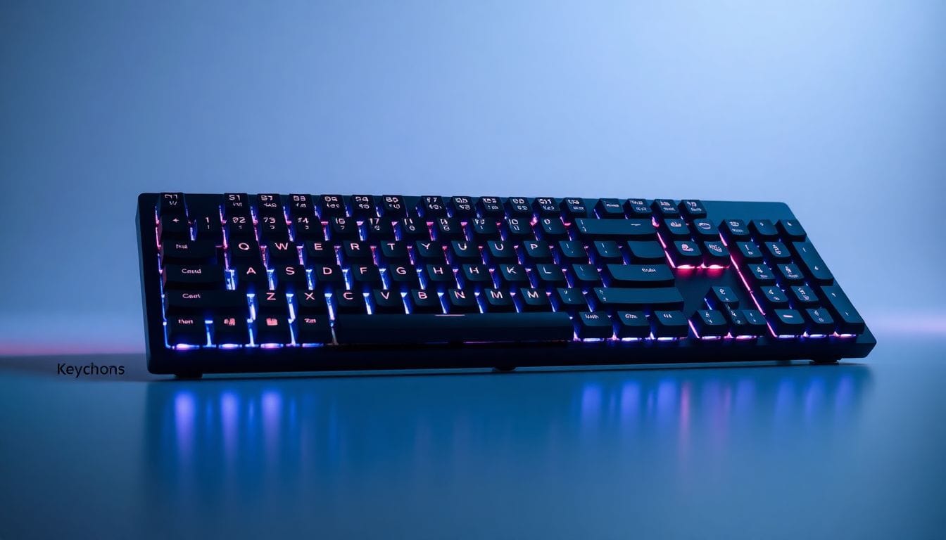 Imagem do teclado mecânico Keychron Ultra 8K, com iluminação vibrante, demonstrando a inovação e a durabilidade da bateria longa, um dos principais destaques do teclado.