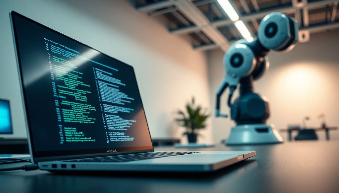 Imagem de um escritório moderno de startup, com um laptop elegante apresentando código em uma tela, destacando o conceito da janela de 12 meses para maximizar o valor das empresas de tecnologia.