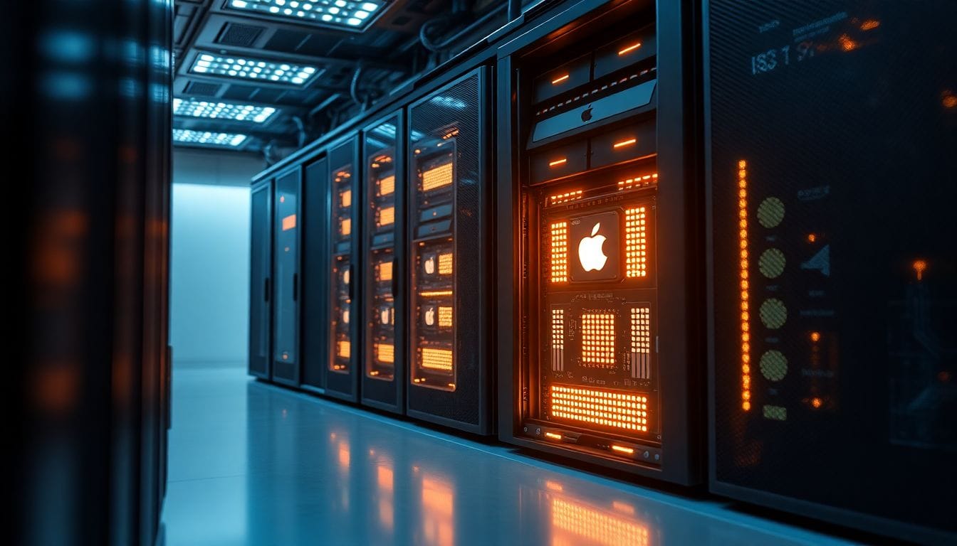 Uma imagem de um servidor moderno com chips Apple Silicon, destacando a crescente demanda por IA local e como isso pode moldar um novo modelo de negócios para a Apple.