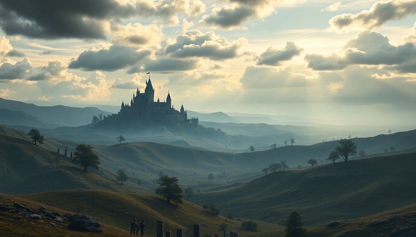 Paisagem épica do mundo de Elden Ring, apresentando colinas vastas e um castelo místico ao fundo, refletindo a essência do filme inspirado no jogo que chega aos cinemas em março de 2028.