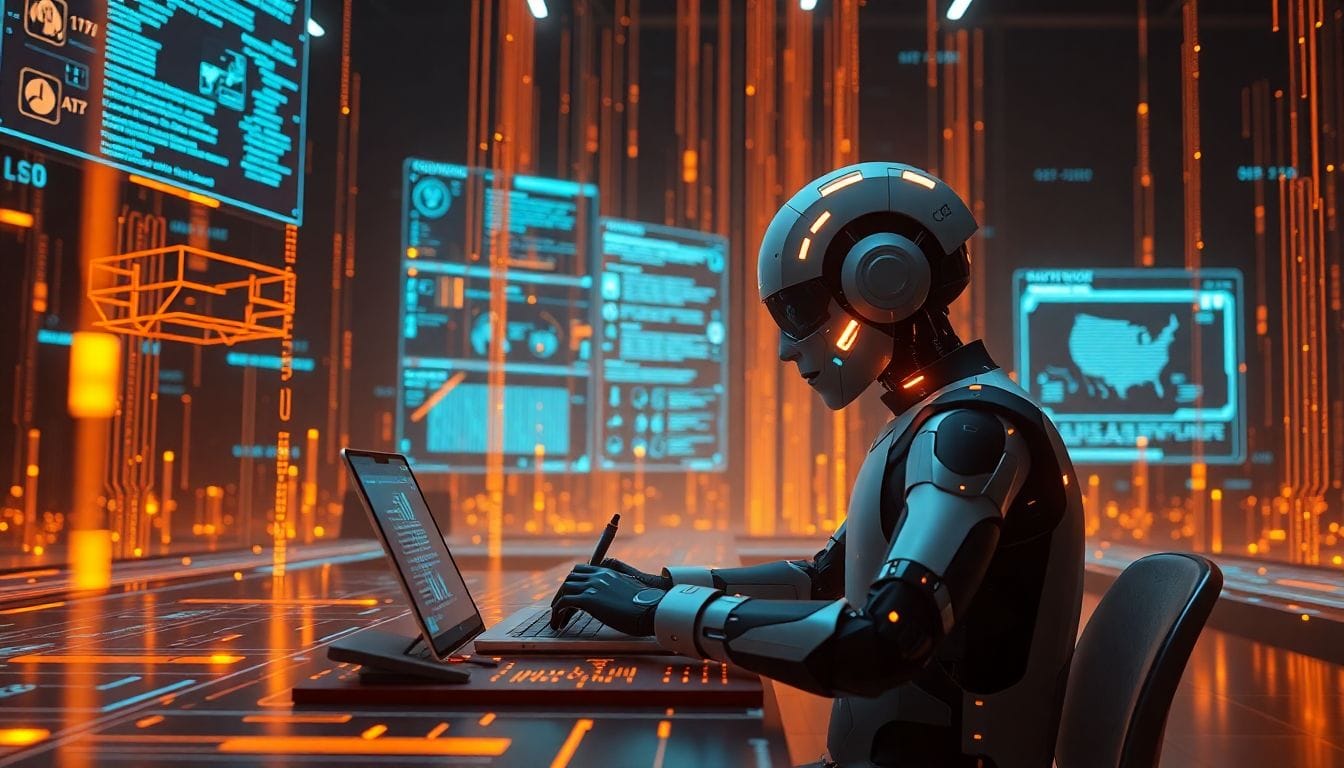 Um assistente de escrita de IA futurista destaca-se em meio a fluxos de dados brilhantes, ilustrando a influência crescente da IA na comunicação corporativa com construções frasais populares.