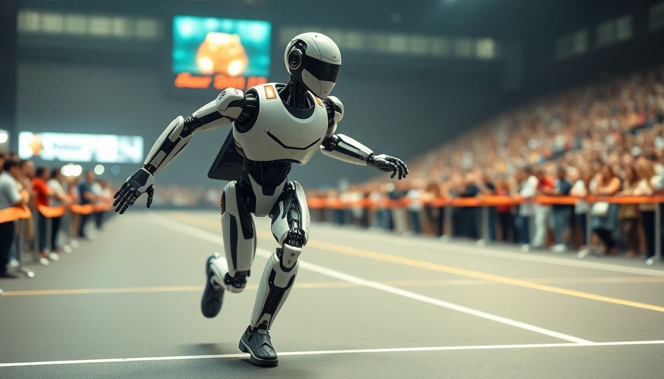 Um robô humanoide que quebrou o recorde da meia-maratona na China, demonstrando uma incrível fusão de tecnologia e performance, ao cruzar a linha de chegada em um tempo impressionante.