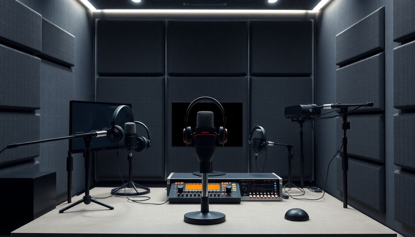 Uma moderna configuração de podcast em um estúdio futurista, refletindo a evolução do The Vergecast, com microfones e fones de ouvido detalhadamente dispostos para capturar a essência da discussão tecnológica de 2026.