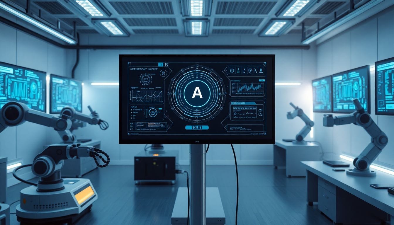 Imagem de um laboratório de pesquisa em IA avançada, destacando a interface de um agente de IA que aprende como humanos, representando a inovação do NeoCognition em inteligência artificial.