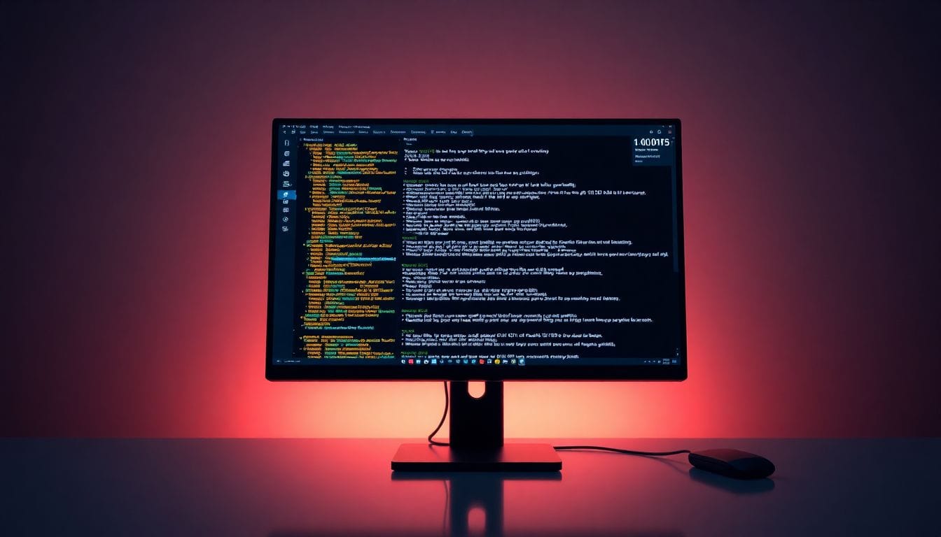 Uma tela de computador exibindo códigos complexos e elementos de interface, refletindo a iniciativa da Meta de monitorar os computadores de funcionários para treinar IA.