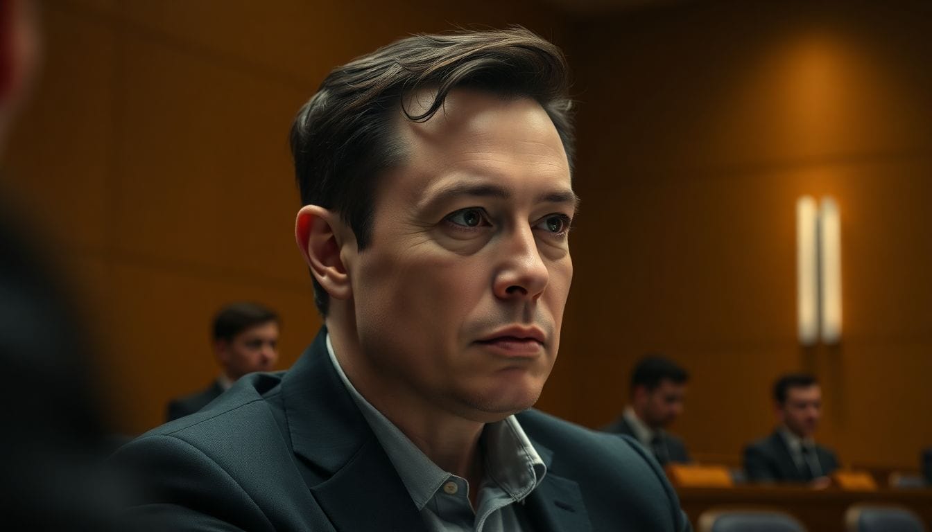 Elon Musk em um tribunal, representando sua semana difícil em court durante o julgamento Musk v. OpenAI, onde ele enfrenta desafios legais significativos.