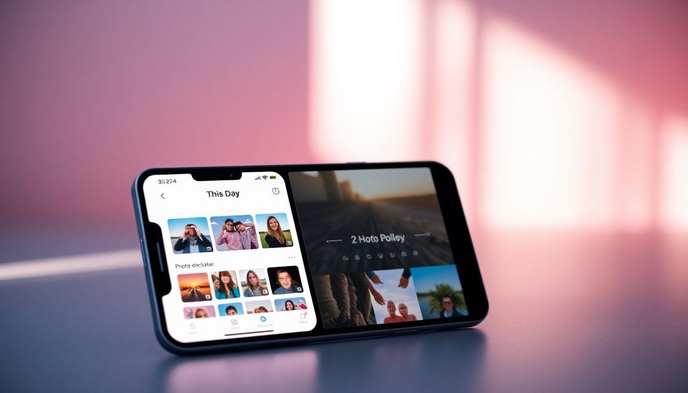Imagem de um dispositivo móvel mostrando a interface do aplicativo 'This Day', que facilita a limpeza de fotos antigas, transformando isso em um hábito diário eficiente.