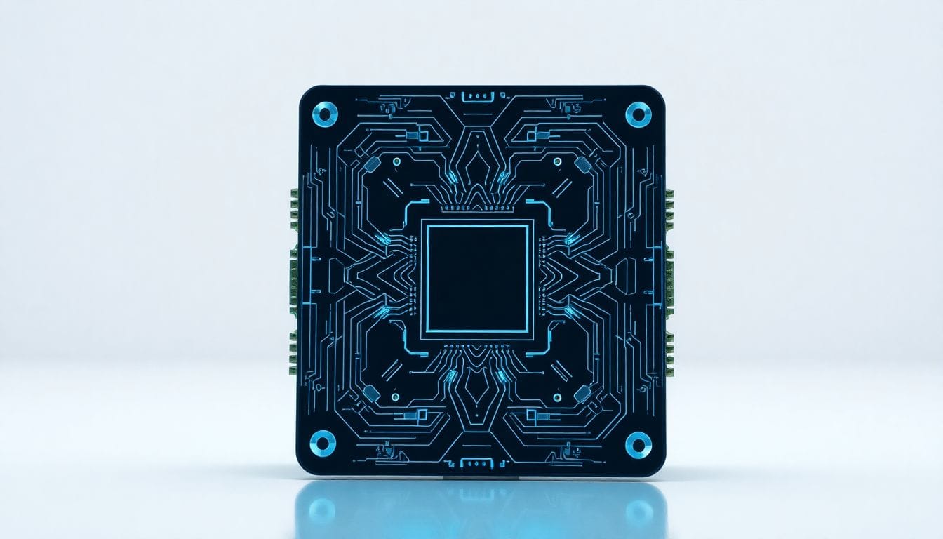 Uma imagem detalhada de um chip de inteligência artificial, simbolizando a colaboração inovadora entre o Vaticano e a Anthropic em torno do tema do potencial ético da IA, conforme abordado na encíclica do Papa Leo XIV.