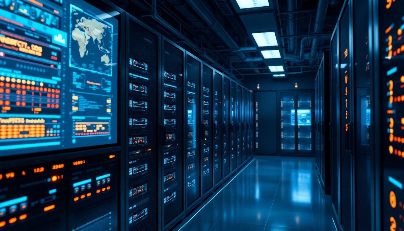 Imagem de uma sala de servidores de alta tecnologia, representando a segurança digital vinculada ao caso do engenheiro de segurança do Google preso em um esquema de trading na Polymarket. A imagem destaca a importância da segurança da informação em grandes empresas.